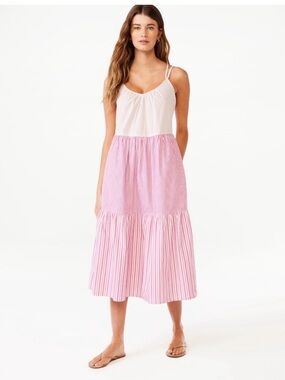 NWT Spaghetti Strap Tiered Midi Dress in White and Light Pink L Cottagecore